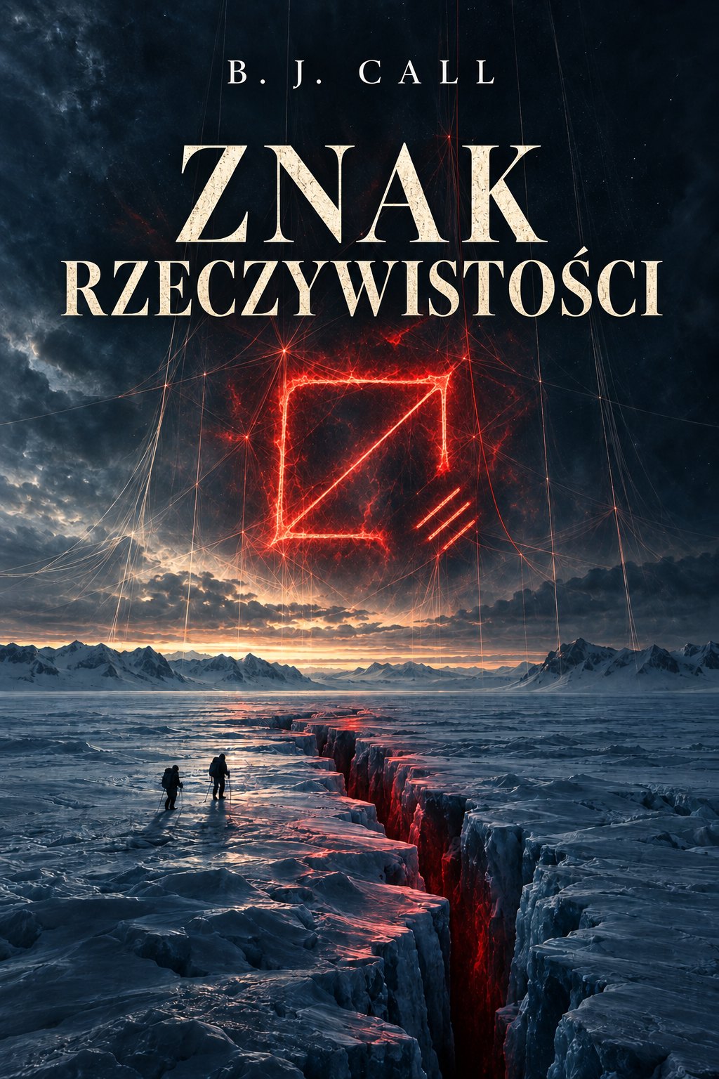 Okładka książki Znak rzeczywistości: nad pękniętym antarktycznym lodem, po którym idą dwie postacie, na niebie świeci czerwony geometryczny znak spleciony z siecią świetlnych nici.